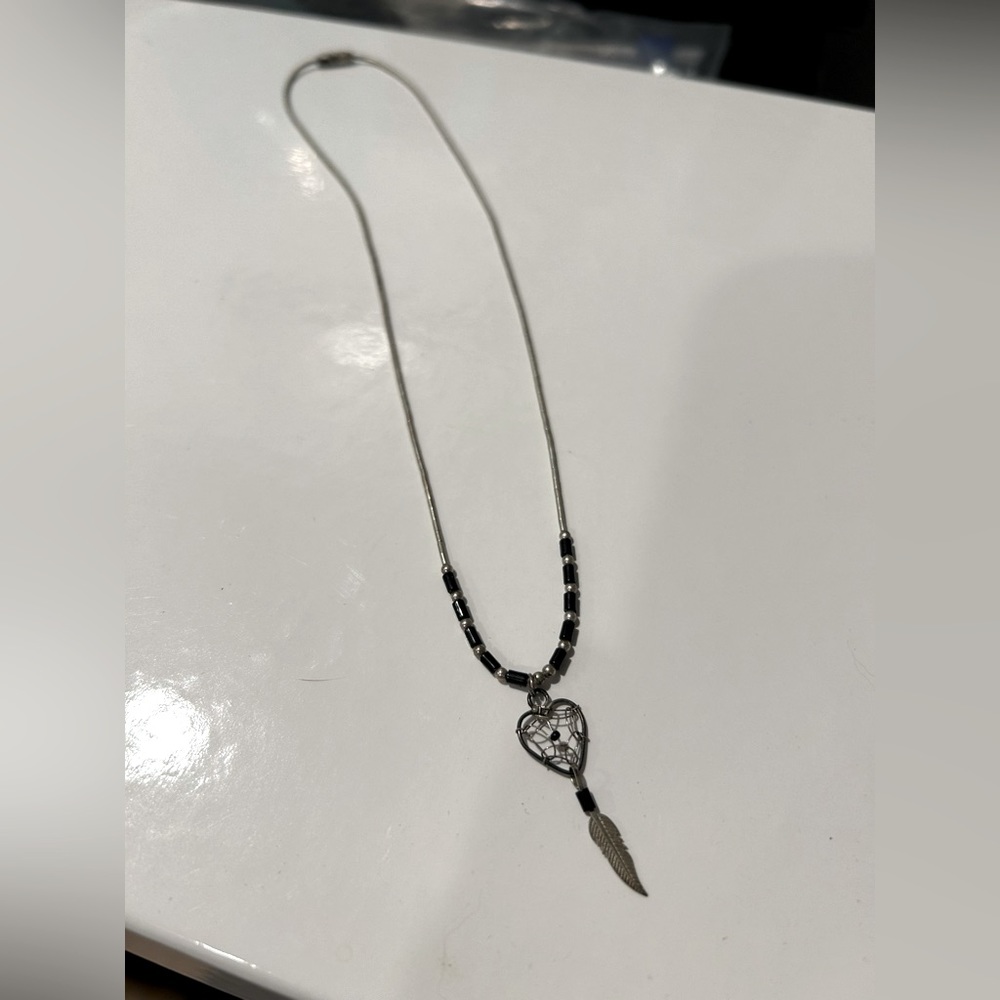 Black dream catcher with feather necklace